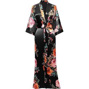 Women's Kimono Robe Long Satin Silky Floral Lightweight Bridesmaid